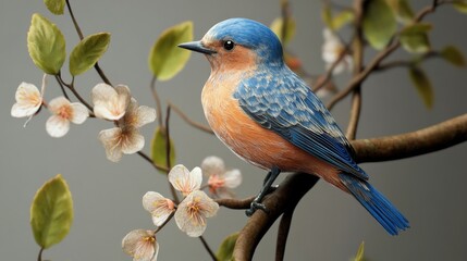 Obraz premium 3d realism Abstract Expressionism, fat western bluebird sitting on a branch, the tree has many leaves and flowers