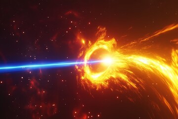 A fiery cosmic vortex glows intensely as a powerful blue energy beam strikes its center. This sci-fi scene represents space phenomena, futuristic technology, and intergalactic energy forces.