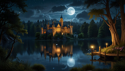 enchanting fantasy lake under the enchanting light of the full moon,