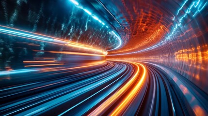 Abstract motion blur of a train in a subway, glowing tunnel lights, vibrant atmosphere