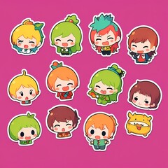 Fototapeta premium a set of 24 playful and mischievous character stickers, with each sticker featuring a cute, cheeky, and fun character.