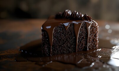 Melted chocolate cake slice, rustic background, dessert photography, food blog