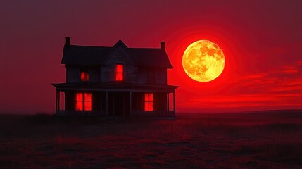 Haunted farmhouse, red moon, prairie, sunset, Halloween