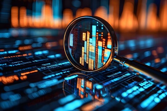 analyzing stock market charts with a magnifying glass, focusing on financial graphs and data trends.stock markert, crypto, The concept of business improvement through analytics.