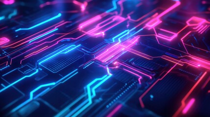 Fototapeta premium Abstract Neon Circuit Board: Pink and Blue Digital Network