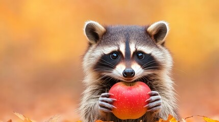 Obraz premium Cute raccoon holding a red apple in a colorful autumn setting