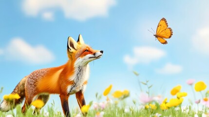Fototapeta premium Fox in a Flower Field Gazing at a Colorful Butterfly under Sky