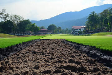 Fototapeta premium Golf course under development with grass growing in defined areas