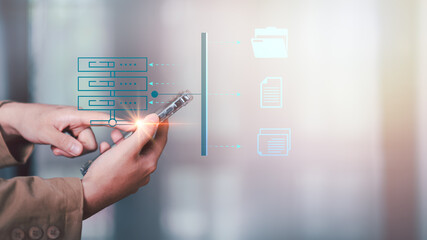 Businessman showing data transfer ,exchange data files, with Internet cloud technology, Document, folder and backup management, digital sharing, international business network worldwide
