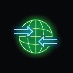 Green neon globe with two blue neon arrows pointing in opposite directions on a black background