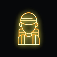 Neon sign of a tourist wearing a cap and carrying a backpack on a black background