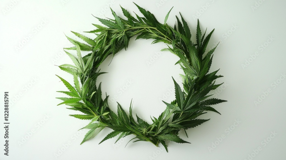 Poster an artistic display featuring a circular arrangement of vibrant marijuana leaves on a clean backgrou