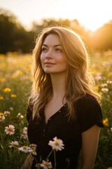 Naklejka premium Woman in a Field of Flowers at Sunset
