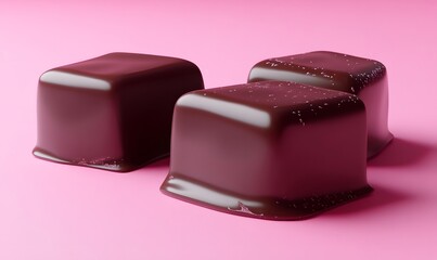 Melted chocolate squares on pink background, studio shot, dessert