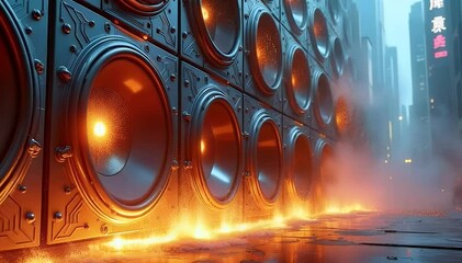 A massive wall of futuristic cyberpunk speakers blasting sound, with bursts of fire and electric sparks creating a high-energy