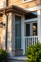 Modern House Exterior: Stunning Stone and Brick Facade Design. A picture of a beautiful home's exterior, showcasing its modern architecture, stone and brick facade, and landscaping.
