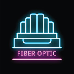 Neon sign of fiber optic cable glowing blue and pink on black background