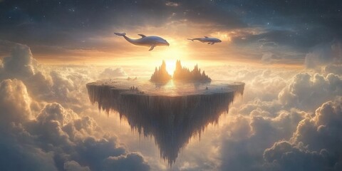 A surreal landscape featuring floating islands and whales in a dreamy sky at sunset.