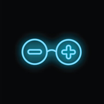 Blue neon plus and minus sign connected with line on black background