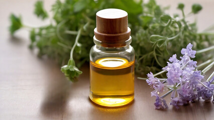 Natural essential oil bottle with fragrant herbs in the background.