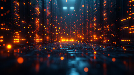 Fototapeta premium Battery storage systems in a high-tech facility with racks and glowing indicators minimalistic bright tone modern blurred background with empty caption space on the side