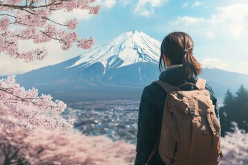 A young woman with a backpack stands in front of Mount Fuji, Japan, gazing at the cherry blossoms during springtime.