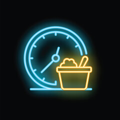 Neon sign representing fast cleaning service with a bucket full of soap and a clock showing that the job is quick
