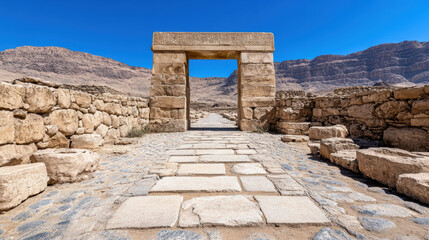 beautifully carved stone gateway stands tall amidst ancient ruins, inviting exploration