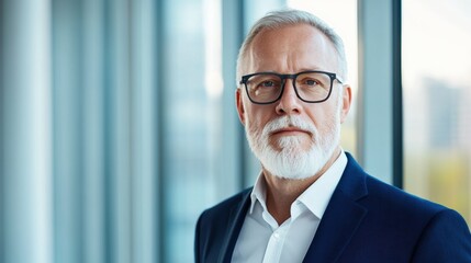 Fototapeta premium Confident businessman with gray beard and glasses in modern office setting.