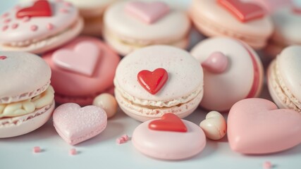Obraz premium Colorful Heart-Shaped Macarons and Sweet Treats for Celebrations and Events