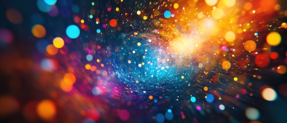 Obraz premium Abstract video camera lens with colorful light effects. Background for a banner, poster, or presentation about film and television production studio business concepts.