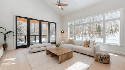 Fototapeta premium Bright living room with large windows, cozy furniture, and natural light