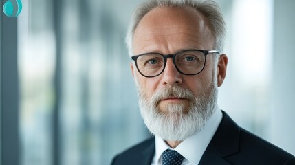 Naklejka premium Confident mature man with glasses and beard posing indoors, conveying professionalism.