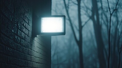 A bright LED floodlight mounted on a wall, lighting up an outdoor garden.