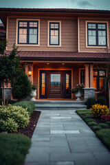 Obraz premium Luxury Home Exterior at Night: Modern Architecture, Landscaping, and Elegant Design