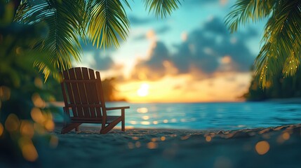 A wooden beach chair sits on a sandy beach with palm trees in the foreground, overlooking a tranquil ocean at sunset.