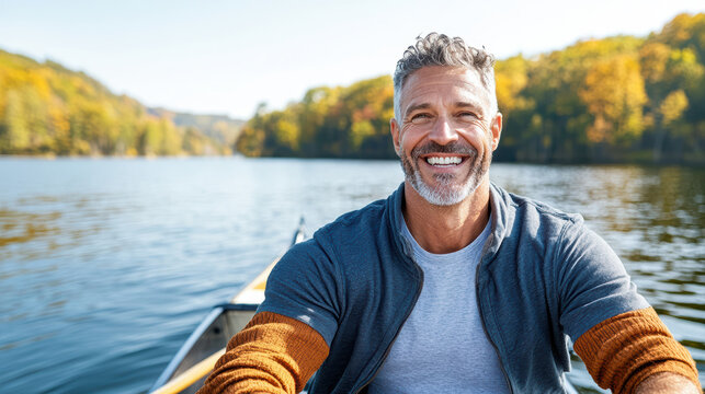 Cheerful senior man rowing on lake surrounded by autumn trees