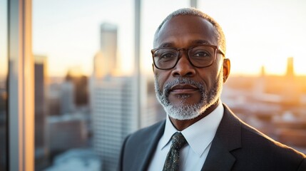 Fototapeta premium Confident professional posing in office at sunset with cityscape view.
