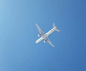 Fototapeta premium Airplane flying under a clear blue sky during a bright afternoon