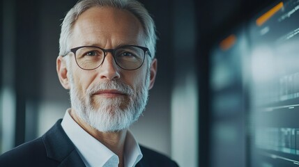 Naklejka premium Confident senior businessman in glasses standing near digital interface.