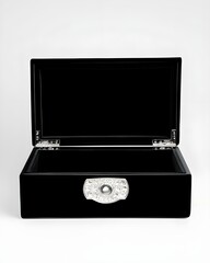 Black wooden box, open lid, silver hinges, small round lock, jewelry case, minimalist design, high contrast, monochrome photography, studio lighting, clean background, elegant simplicity, vintage 