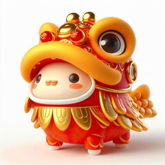 3D Adorable cartoon gold red carp fish in a lion dance costume, white background