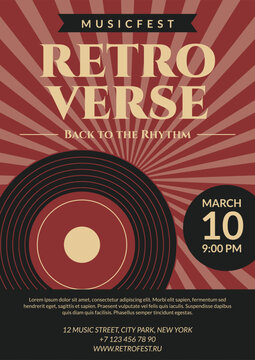 Retro flyer template for music festival. Modern poster with vinyl record and bold vintage fonts. Vector illustration for promoting 70s,80s disco parties, record store promotions, themed music nights