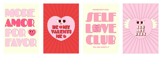 Obraz premium Valentines day cards with text and lovely hearts characters in trendy retro groovy style. Pink, red colors. Vector poster set