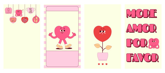 Vertical stories template heart character. Happy Valentines day, 14 February and other love themes. Retro groovy style. Vector set with copy space