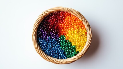 Artistic arrangement of colorful beads in a basket, separated into rainbow colors, displayed on a minimalist white background