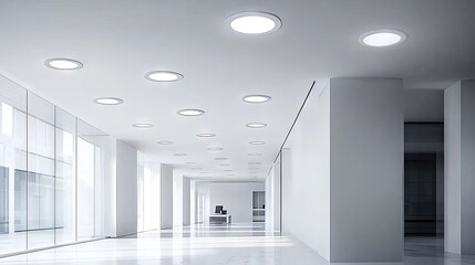 A collection of LED downlights installed in a bright and clean office space.