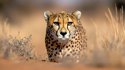 close up of cheetah watching prey, poised and focused in wild