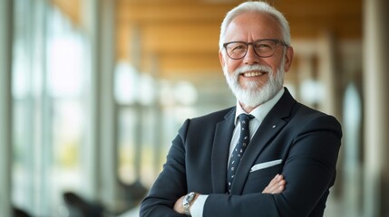 Fototapeta premium Confident senior businessman smiling in a modern office setting.