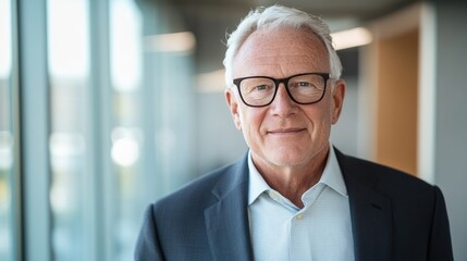 Confident senior man in glasses standing indoors with a modern background.